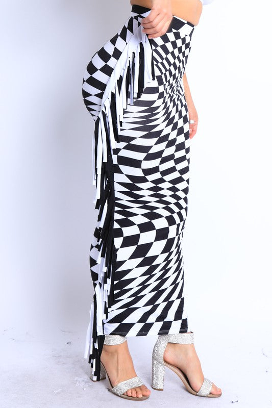 Women's Checkered Maxi Skirt with Fringe Detail