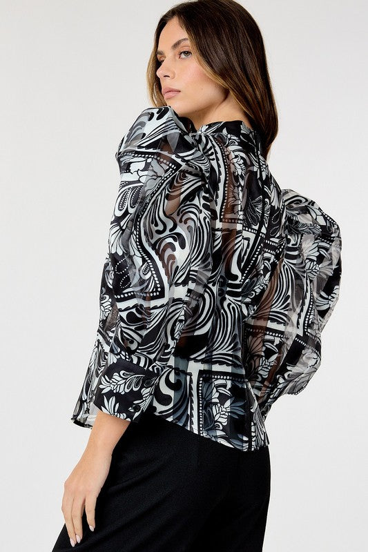 Black Bubble Sleeve Mock Neck Printed Blouse