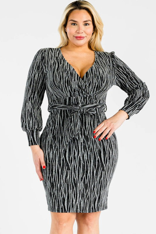 Plus Size Lurex Abstract Print Surplice Tie Waist Midi Dress