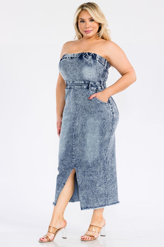 Plus Size Front Slit Pockets Denim Tube Midi Dress