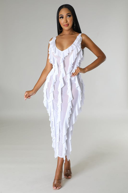 Women's Sexy Ruffles Stretch Midi Dress