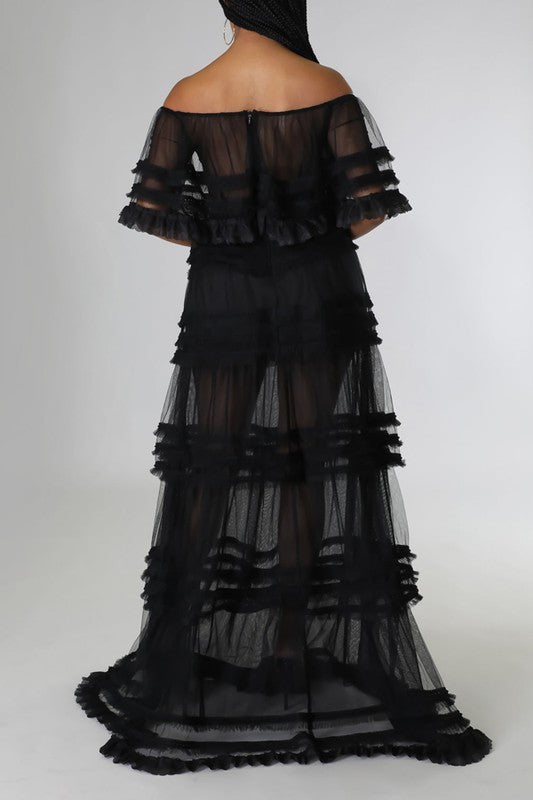 Off Shoulder Sheer detail Non-stretch Maxi Dress