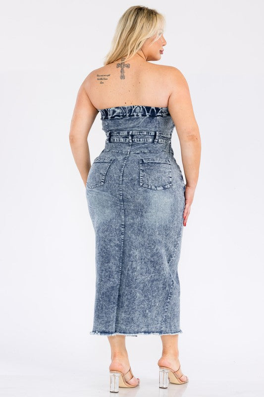 Plus Size Front Slit Pockets Denim Tube Midi Dress