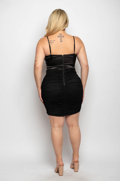 Plus Size Satin and Mesh Contrast Rhinestone Trim Dress
