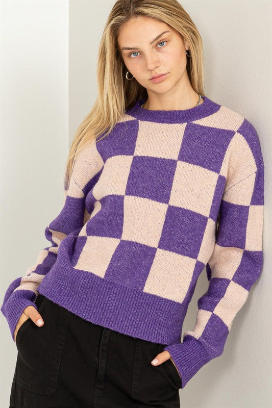 Women's Weekend Chills Checkered Long Sleeve Sweater
