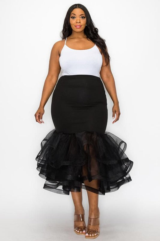 Plus Size Black Solid Tiered Layers Midi Mermaid Skirt