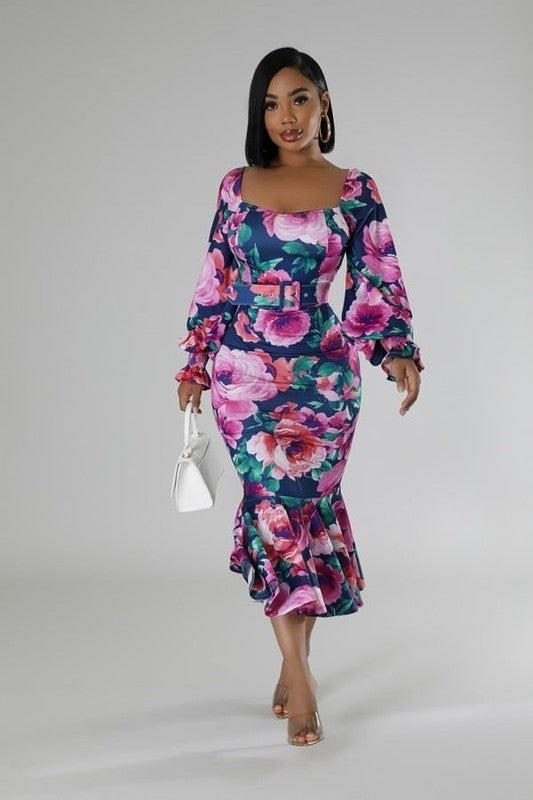 Graceful Mermaid Flare Belted Dress