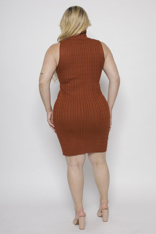 Plus Size Sweater Knit Turtleneck Bodycon Sleeveless Mini Dress