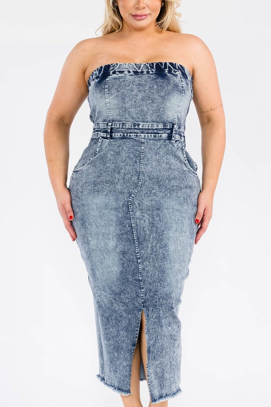 Plus Size Front Slit Pockets Denim Tube Midi Dress