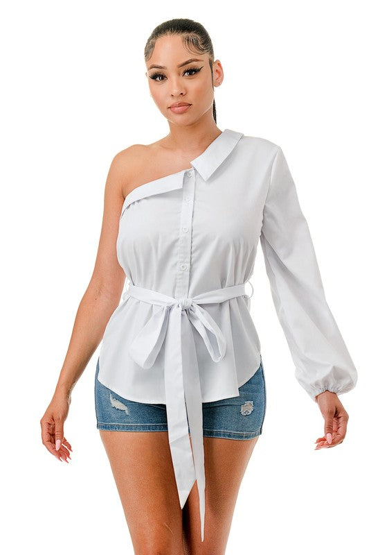 Tie Waist One Shoulder Long Sleeve Shirt Top