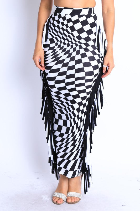 Women's Checkered Maxi Skirt with Fringe Detail