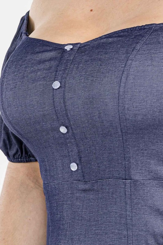 Plus Size Denim Chambray Off Shoulder Puff Sleeve Midi Dress