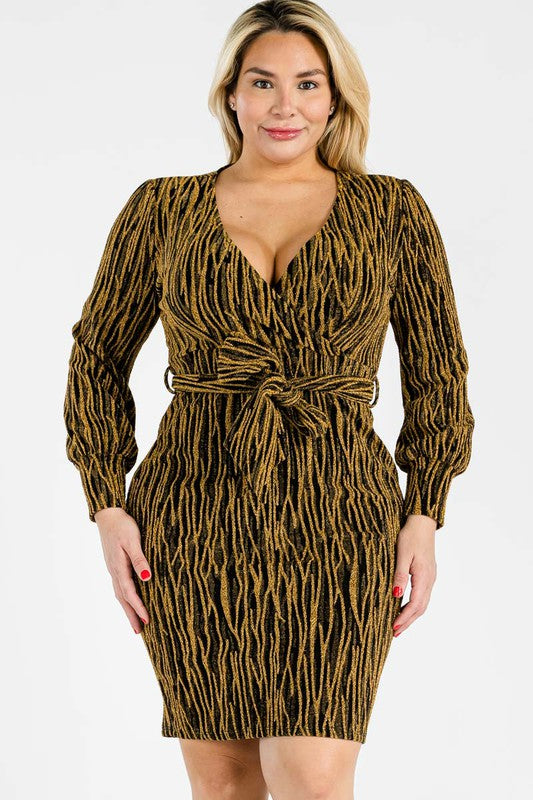 Plus Size Lurex Abstract Print Surplice Tie Waist Midi Dress