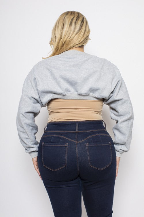 Plus Size Fleece Open Front Long Sleeve Crop Cardigan Top