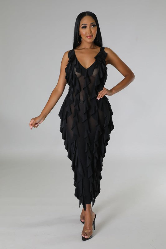 Women's Sexy Ruffles Stretch Midi Dress