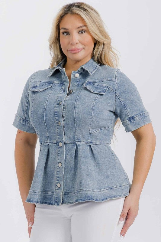 Plus Size Denim Collared Button Down Peplum Shirt