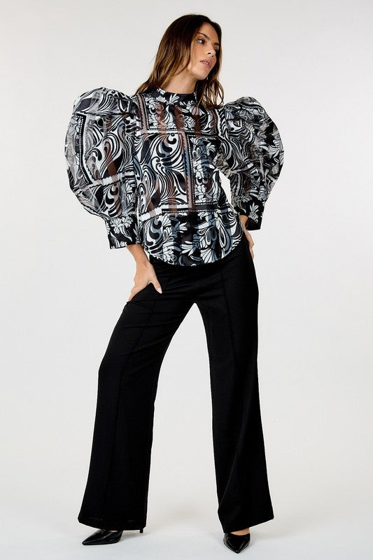 Black Bubble Sleeve Mock Neck Printed Blouse