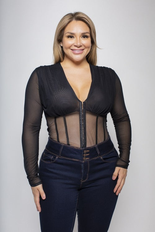 Plus Size Mesh Hook-eye Corset Bodysuit