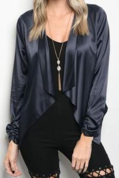 Navy Satin Draped Cardigan Top
