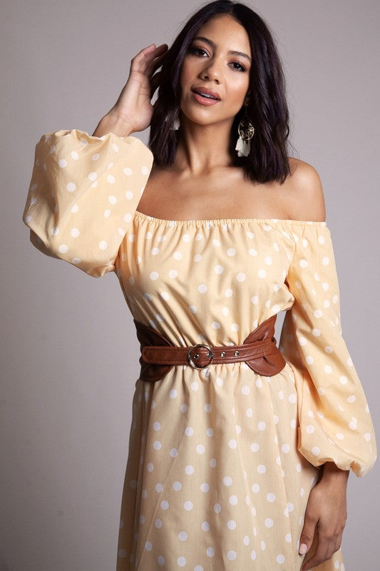 Women's Yellow Polka Dot Off the Shoulder Midi Dress