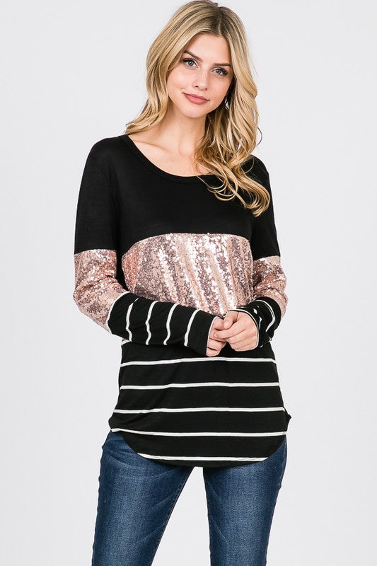 Women's Sequins Contrast Fabric Mix Tunic Top