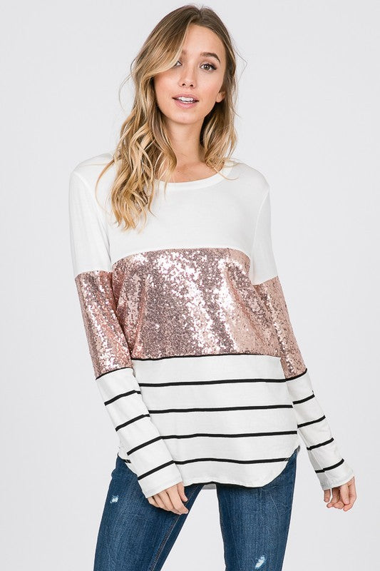Women's Sequins Contrast Fabric Mix Tunic Top
