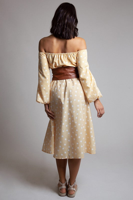 Women's Yellow Polka Dot Off the Shoulder Midi Dress