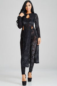 Women’s Black Burnout Velvet Long Front Slits Top Two Piece Set