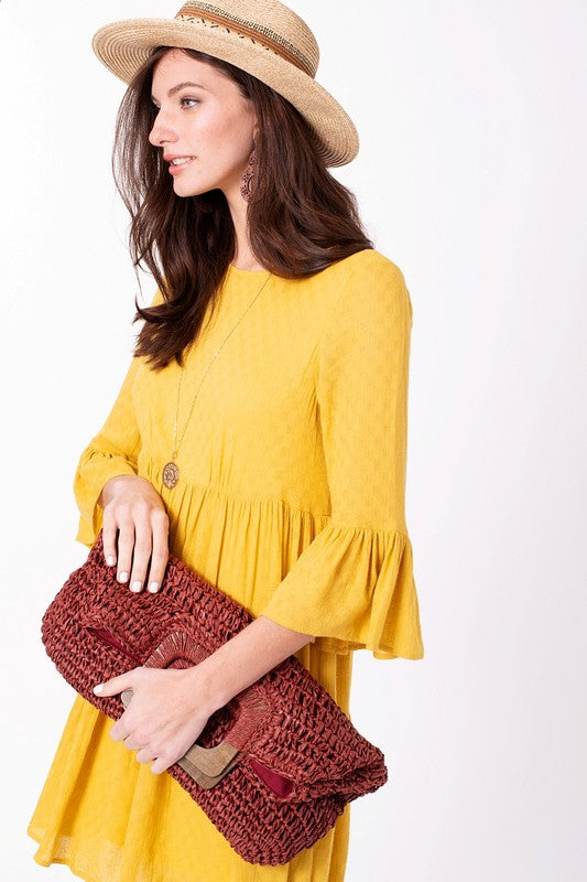 Natural Straw Crochet Bag with Wooden Handle Purse