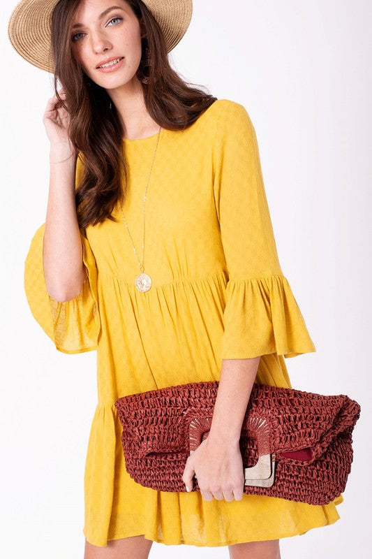 Natural Straw Crochet Bag with Wooden Handle Purse