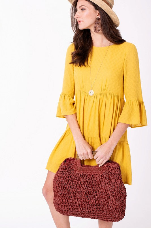 Natural Straw Crochet Bag with Wooden Handle Purse