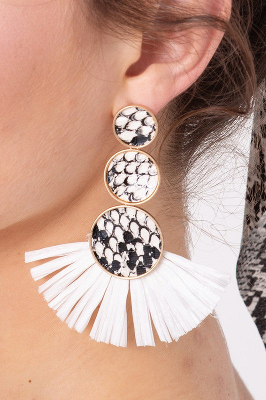 Round Link Animal Print PU Leather Raffia Earrings
