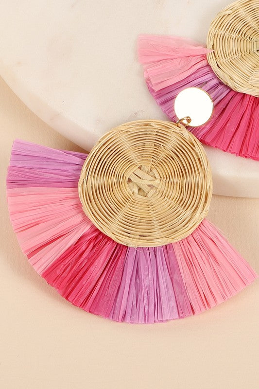Round Rattan Raffia Fringe Dangle Earrings