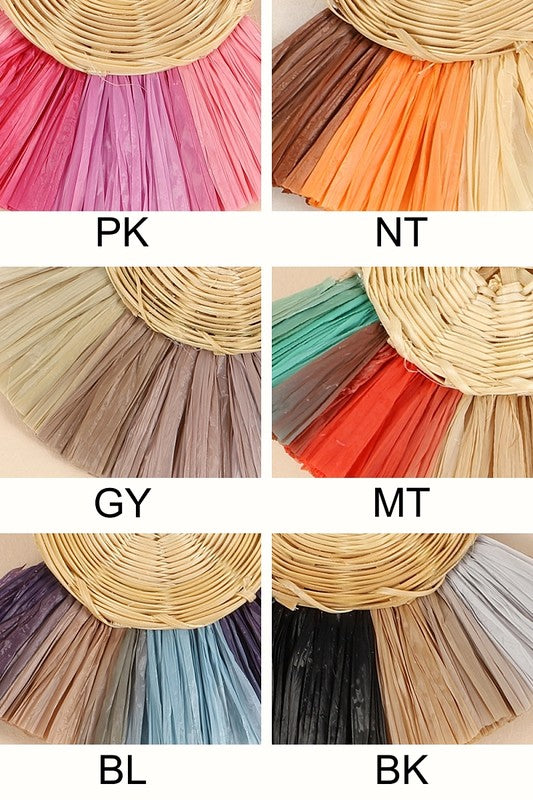 Round Rattan Raffia Fringe Dangle Earrings