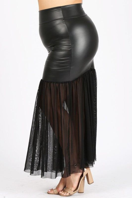Plus Size High Waist Bodycon Mermaid Faux Leather Mesh Lace Skirt