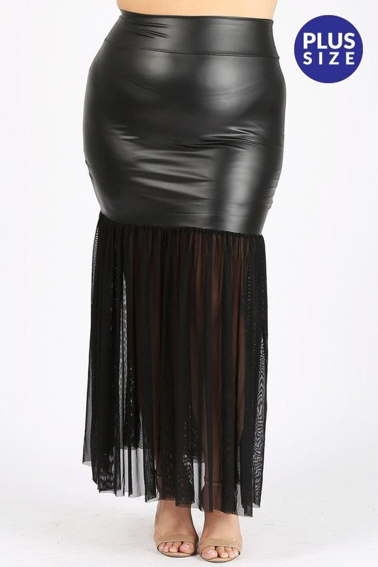 Plus Size High Waist Bodycon Mermaid Faux Leather Mesh Lace Skirt