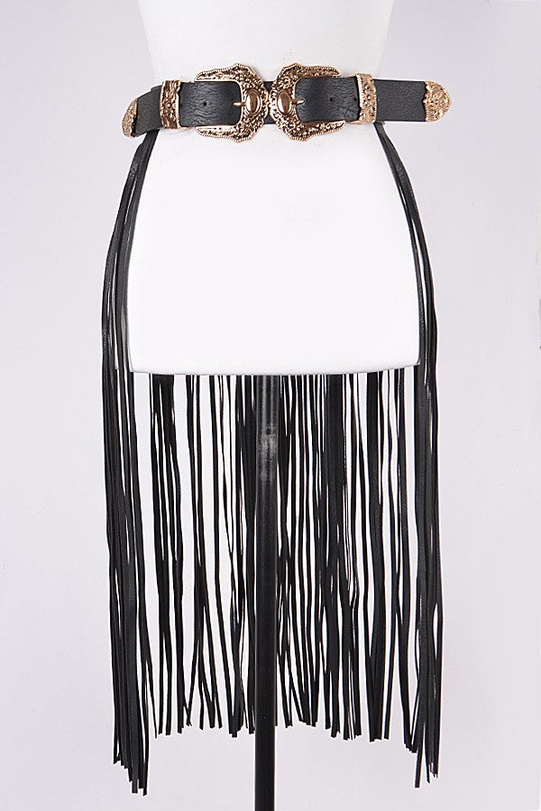 Women's Black Double Buckle Curtain Belt