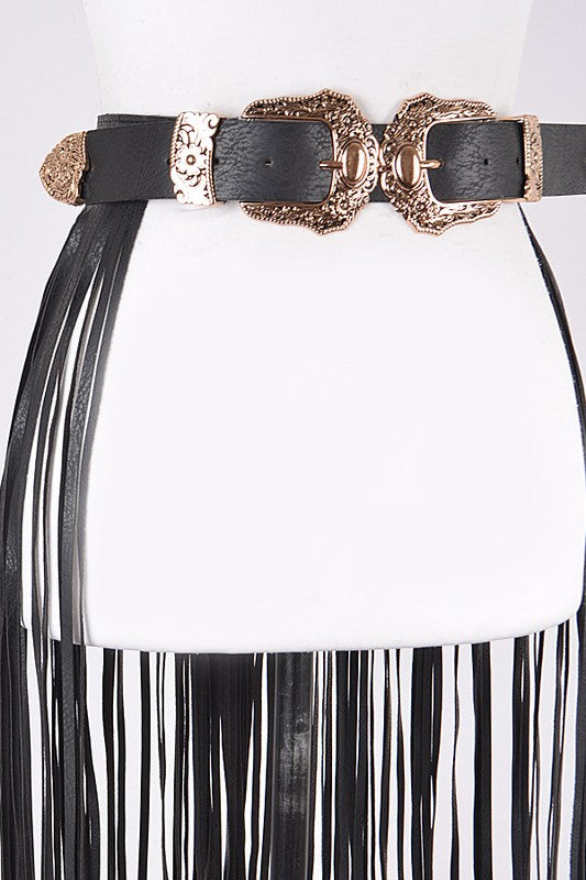 Women's Black Double Buckle Curtain Belt