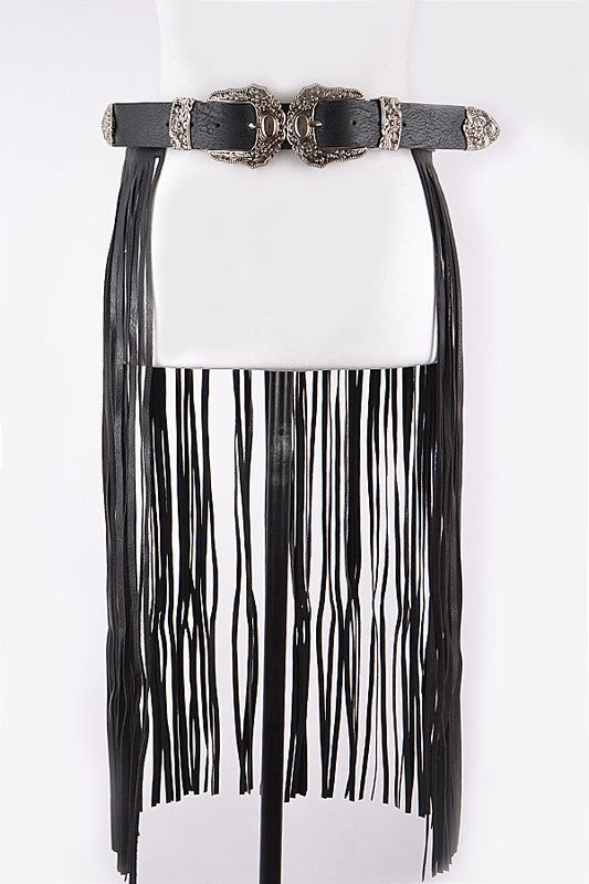 Women's Black Double Buckle Curtain Belt
