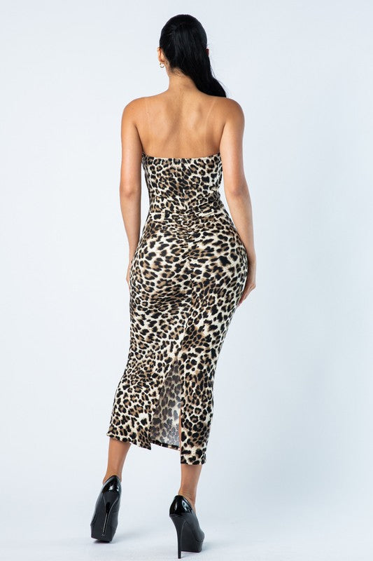 Women's Leopard Print Midi Tube Dress with Back Slit