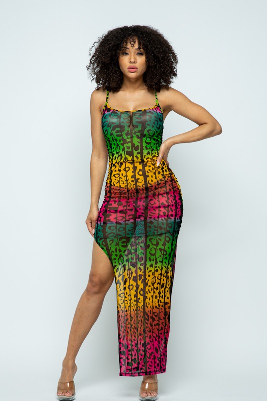 Women's Rouched Cami Animal Print Multicolor Maxi Dress