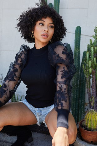 Mock Neck Puff Lace Sleeve Knit Top
