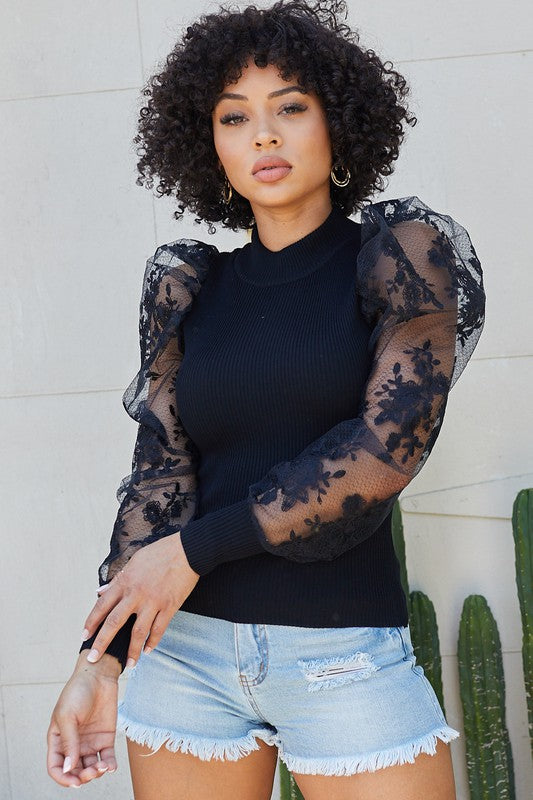 Mock Neck Puff Lace Sleeve Knit Top