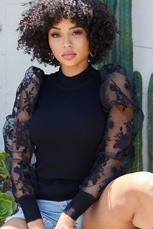 Mock Neck Puff Lace Sleeve Knit Top