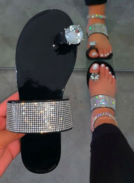 Women's Rhinestone Black Bling Jelly Flats Sandal Slides