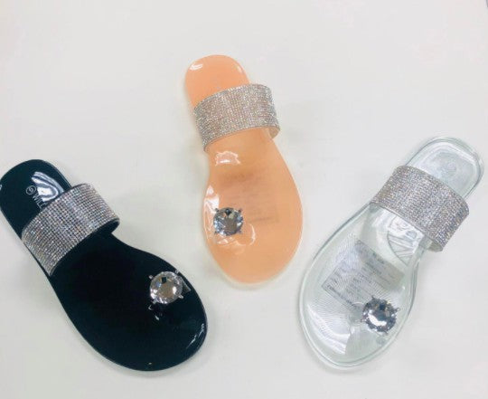 Women's Rhinestone Black Bling Jelly Flats Sandal Slides
