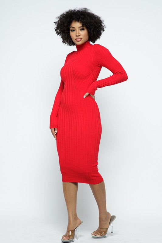 Dobby Mock Neck Long Sleeve Midi Dress
