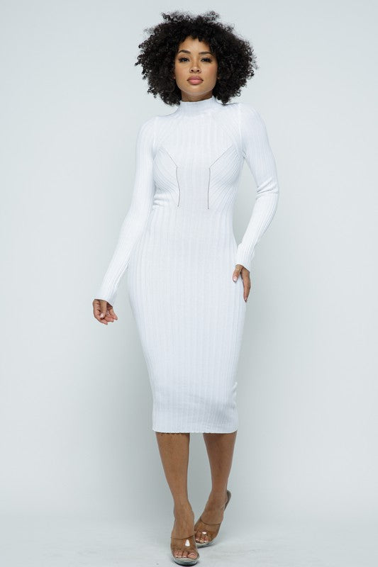 Dobby Mock Neck Long Sleeve Midi Dress