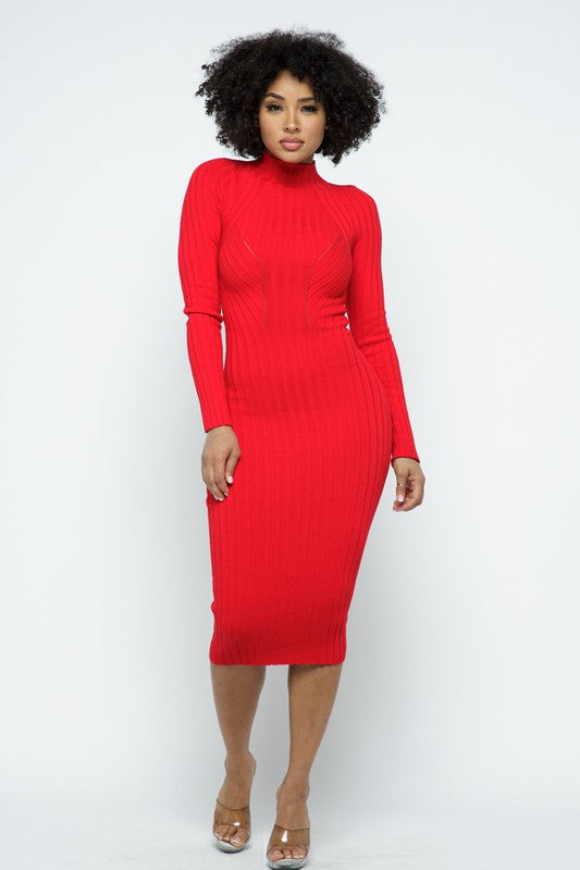 Dobby Mock Neck Long Sleeve Midi Dress