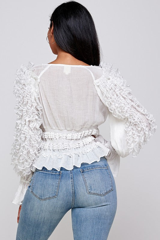 Women's Surplice Peplum Ruffled Long Sleeve Blouse Shirt